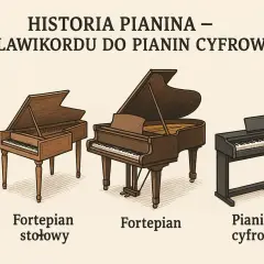 Ewolucja instrumentów klawiszowych: od klawikordu, przez fortepian stołowy i fortepian, po pianino cyfrowe. Czy pianino ma struny? Tradycyjne tak, cyfrowe nie.