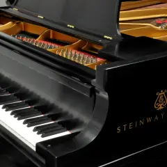 Czarne pianino Steinway & Sons z otwartą klapą, ukazującą struny i złote wnętrze. Zastanawiasz się, ile waży płyta mosiężna w pianinie?