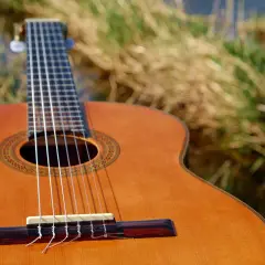 Klasyczna gitara z nylonowymi strunami na tle trawy. Zastanawiasz się, ile kosztują struny do gitary?