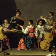 Grupa muzyków gra na instrumentach. Widać, jak wygląda wiolonczela, skrzypce, lutnia i flet.