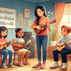 Nauczycielka prowadzi lekcję gry na ukulele. Dzieci uczą się prostych piosenek na 2 chwyty, patrząc na nuty na tablicy.