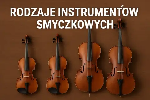 Rząd skrzypiec i wiolonczel, od najmniejszych do największych, prezentuje różnorodność instrumentów smyczkowych.