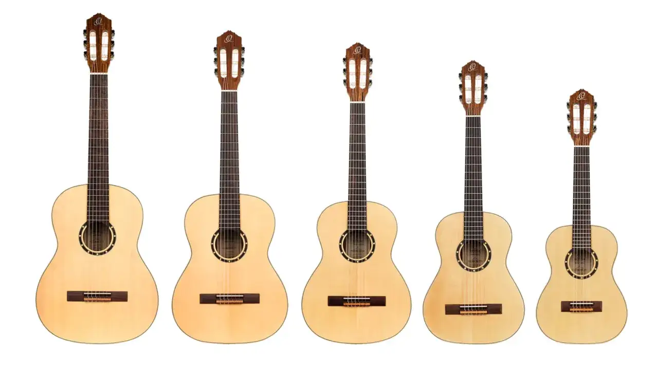 Pięć gitar klasycznych o różnej wielkości, od największej do najmniejszej, prezentuje rozmiary gitar akustycznych.